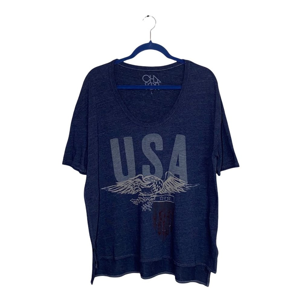 CHASOR High Low Oversized Scoop Neck USA Short Sleeve Tee Women's Size L